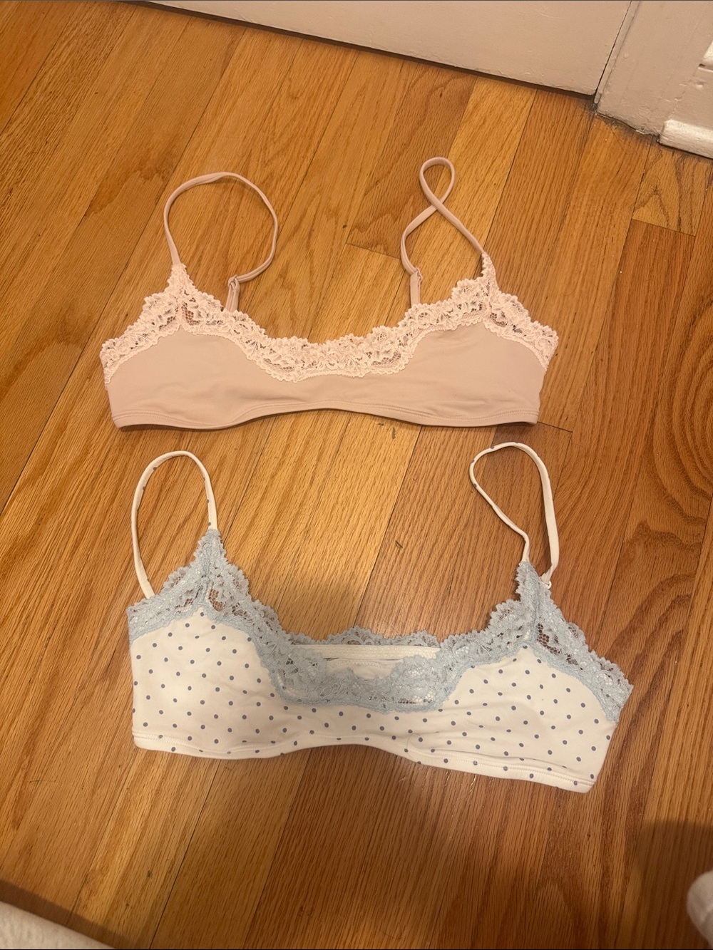 SKIMS Lace Trim Bralette Set in Blush and Light Blue Polka Dot